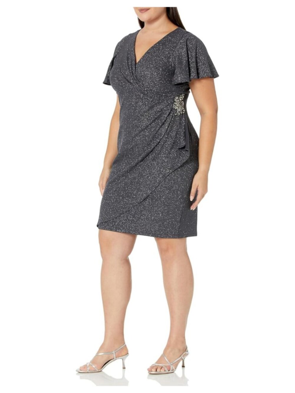 ✨SL Fashions Plus Size Shimmer-Knit Surplice Dress 18W Smoke NWT
